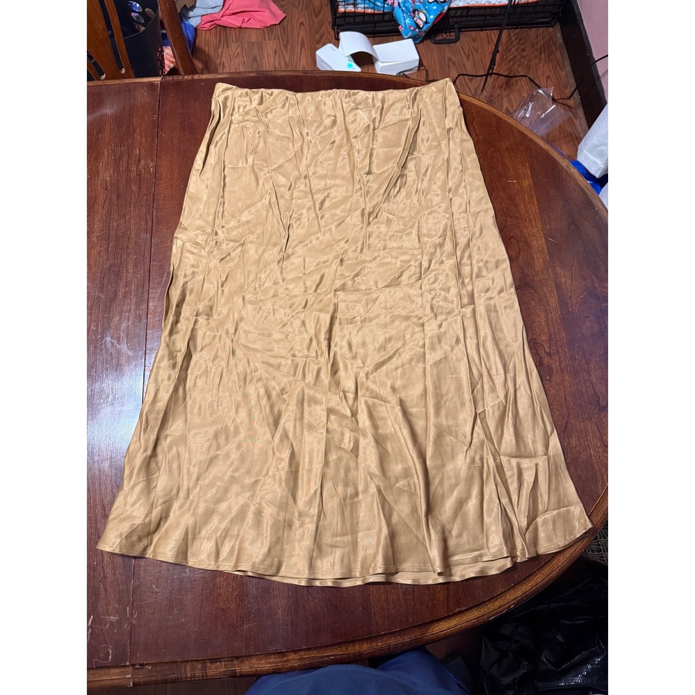 H&M Women XL Tan Satin Midi Skirt Elastic Waist Viscose Camel 1246922 NWT